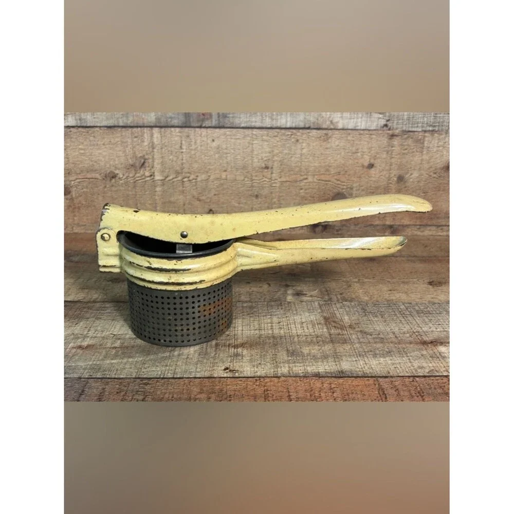 Vintage Potato Ricer Masher Juicer Strainer Metal Hinged Press Yellow Handheld